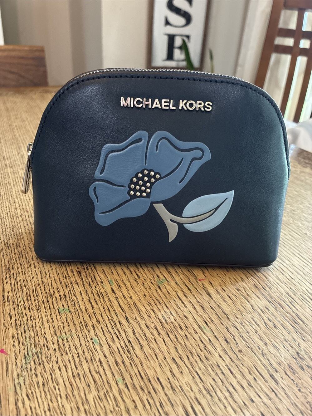 Michael Kors Jet Set Pouch Cosmetic Bag Navy Blue Travel Floral Appliqué Leather